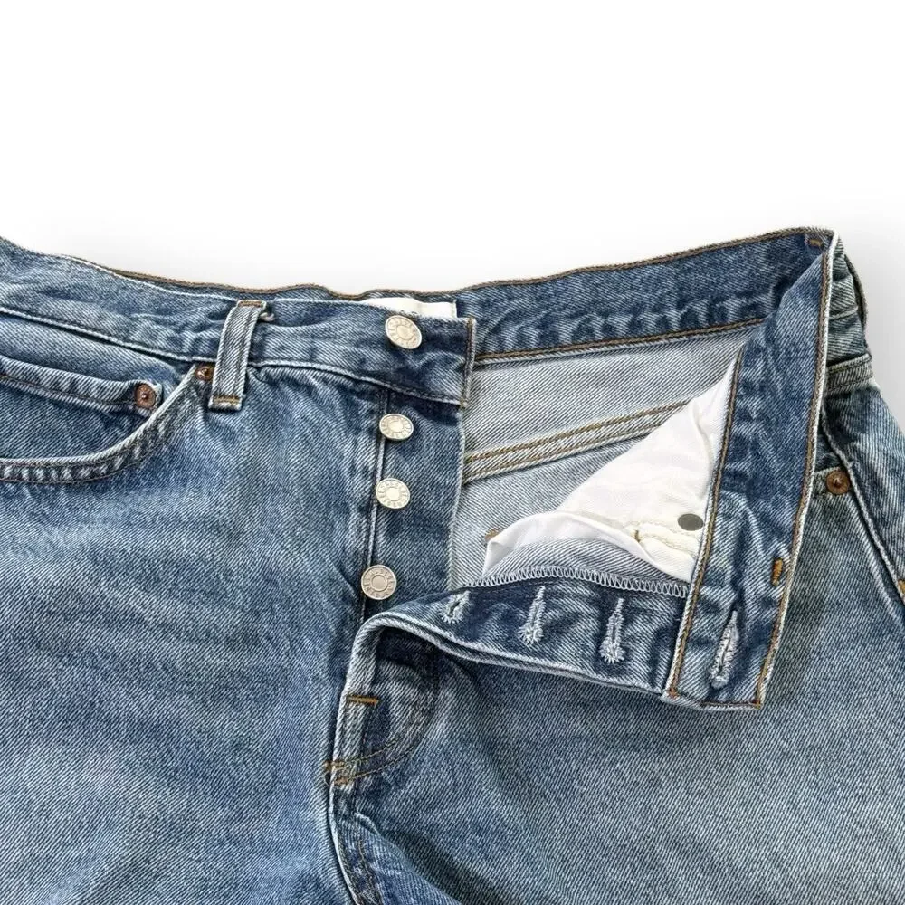 AGOLDE Parker Long High Rise Cut-Off Denim Shorts Womens 27 Blue Button-Fly